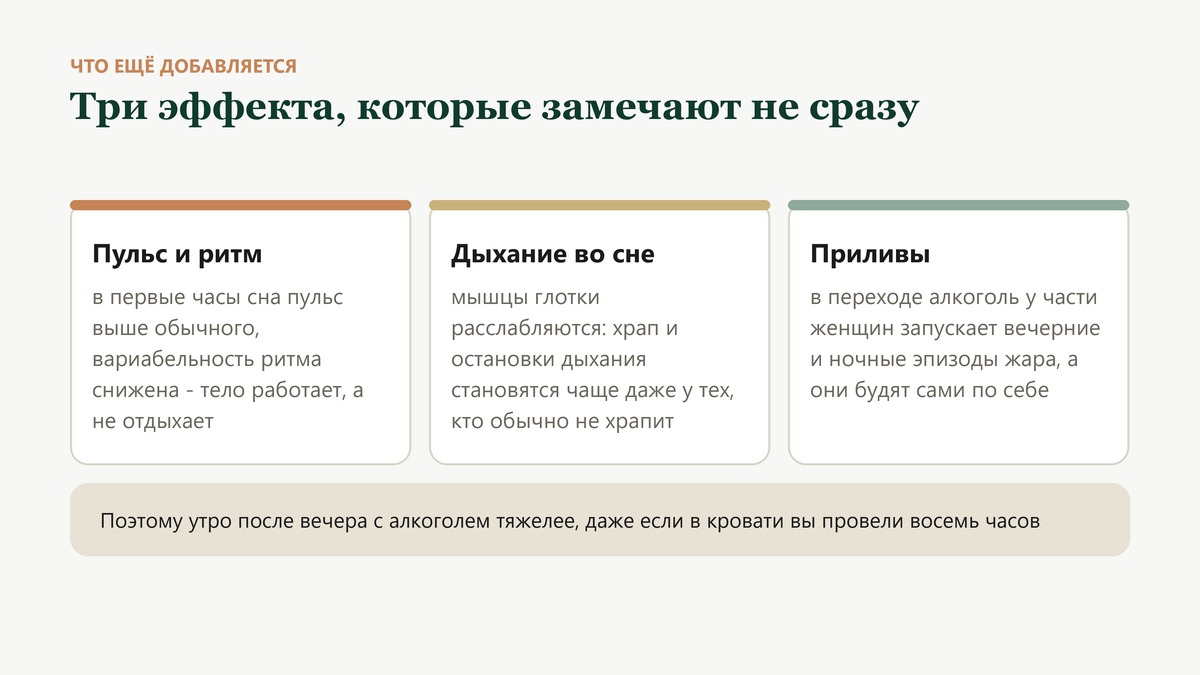 Три эффекта вечерней порции: высокий пульс и низкая вариабельность ритма, расслабление мышц глотки с ростом храпа, провокация приливов