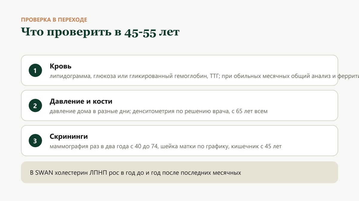 Что проверить в переходе: кровь (липидограмма, глюкоза, ТТГ, при обильных месячных общий анализ и ферритин), давление и кости, скрининги груди, шейки матки и кишечника