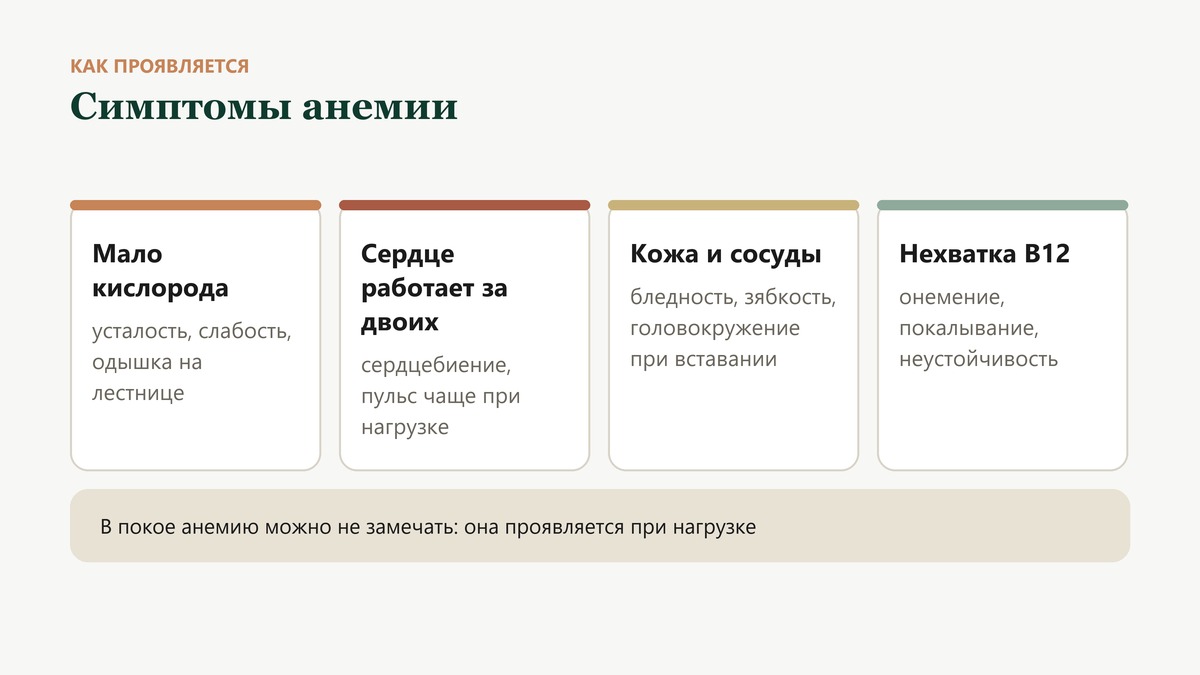 Как проявляется анемия: тканям мало кислорода - усталость и одышка, сердце компенсирует - сердцебиение, сосуды и кожа - бледность, зябкость, головокружение, при нехватке B12 - онемение и покалывание