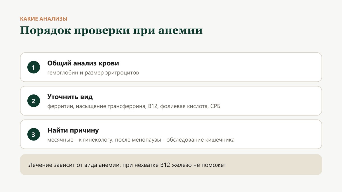 Порядок анализов при анемии: общий анализ крови, затем уточнение вида - ферритин, насыщение трансферрина, B12, фолиевая кислота, С-реактивный белок, затем поиск причины