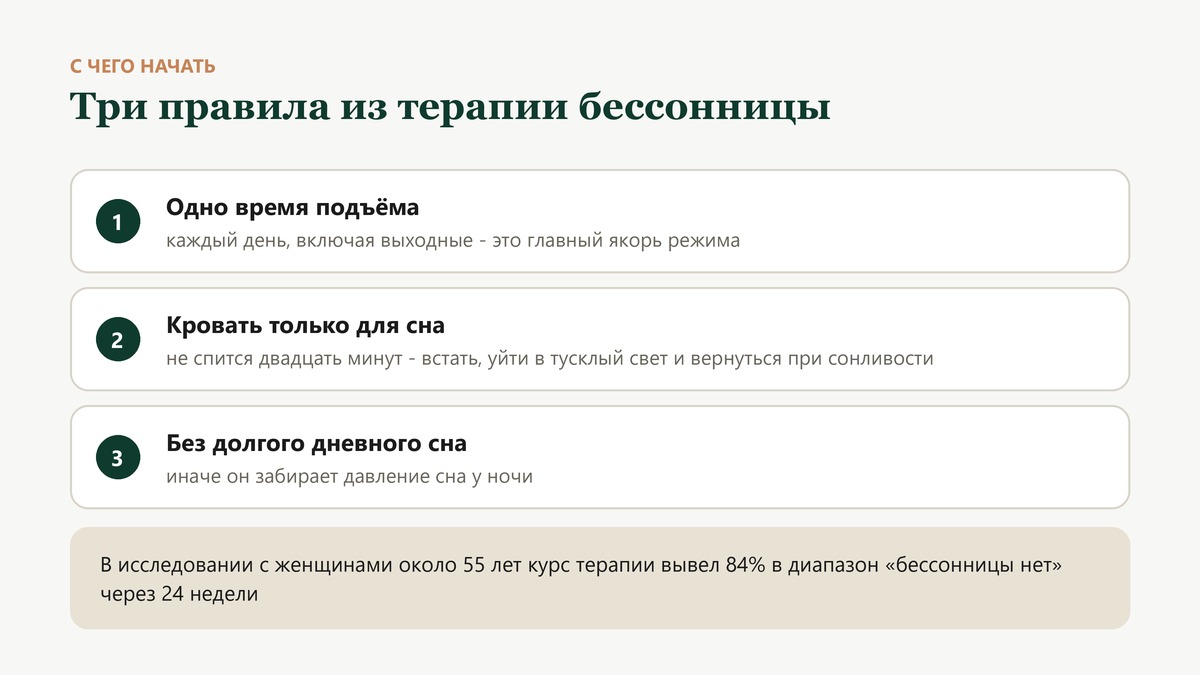 Три правила из когнитивно-поведенческой терапии бессонницы: одно время подъёма, кровать только для сна и без долгого дневного сна