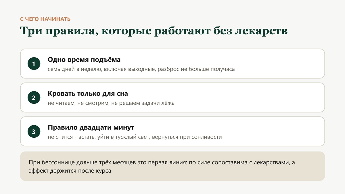 Три правила поведенческой терапии бессонницы: одно время подъёма, кровать только для сна и правило двадцати минут
