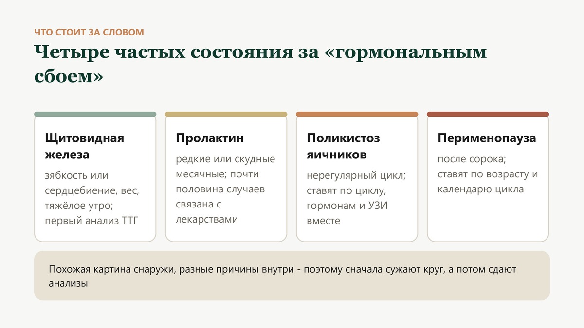 Четыре частых состояния за словом гормональный сбой: щитовидная железа, пролактин, поликистоз яичников, перименопауза