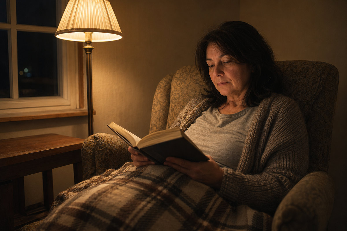 женщина 45+ ушла из спальни ночью, сидит в кресле с бумажной книгой при тёплом свете торшера