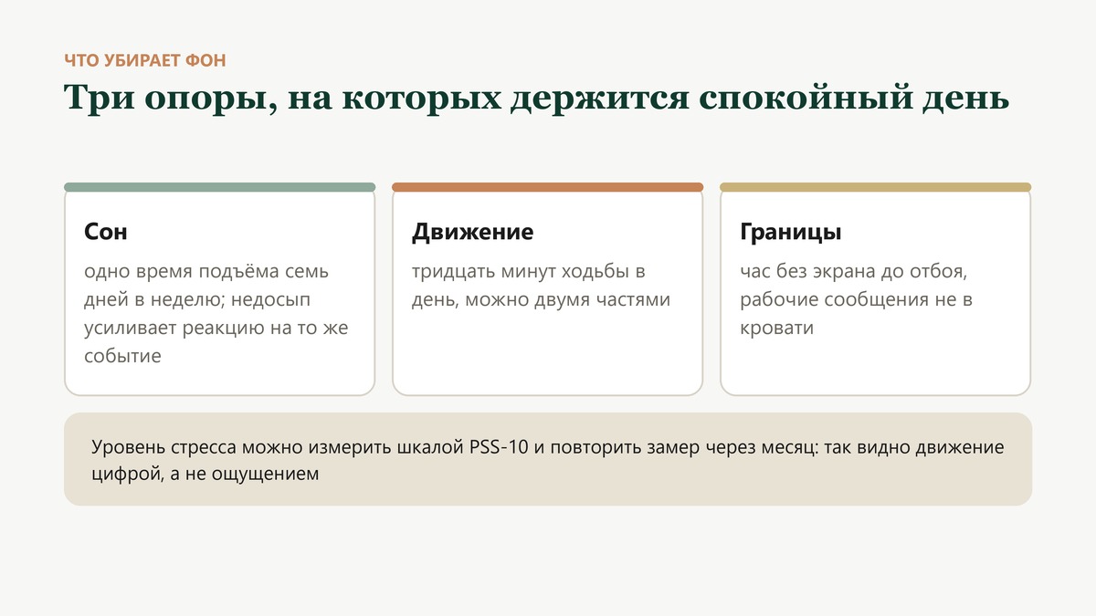 Три опоры против фона стресса: ровное время подъёма, тридцать минут ходьбы в день и час без экрана до отбоя