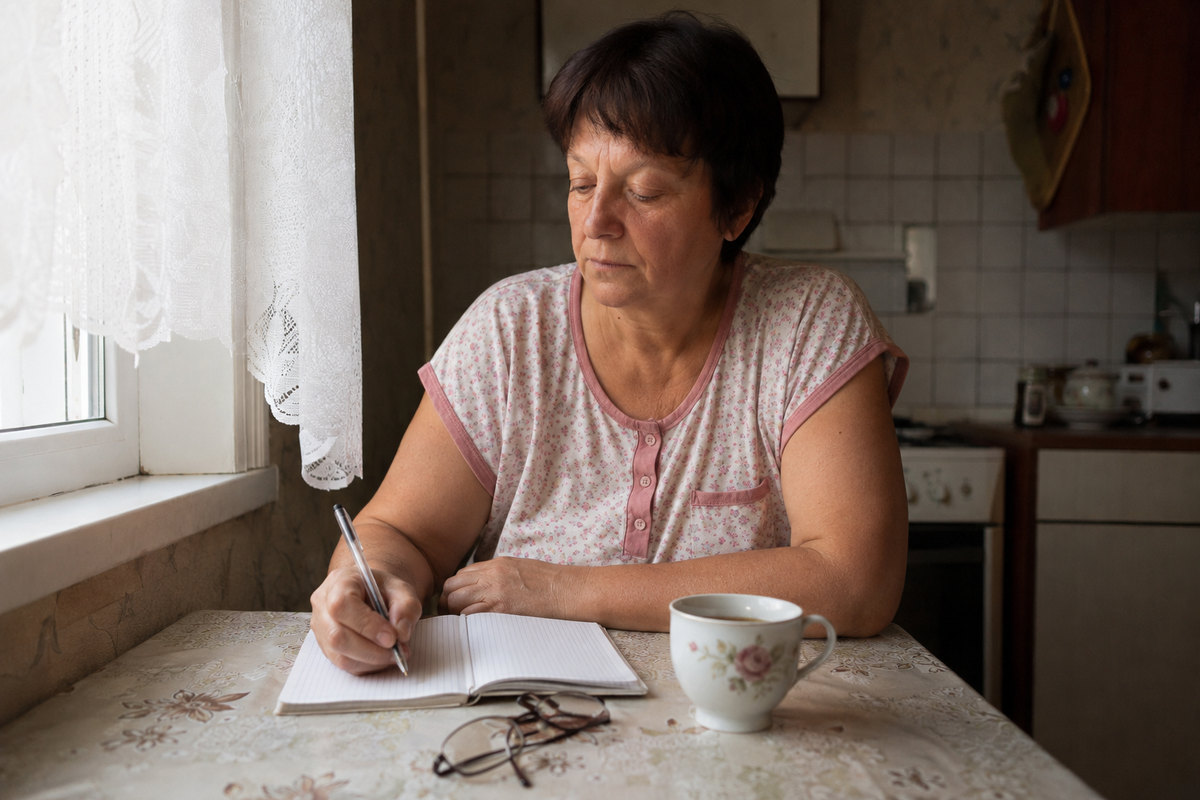 женщина 45+ утром на кухне заполняет бумажный дневник, рядом чашка