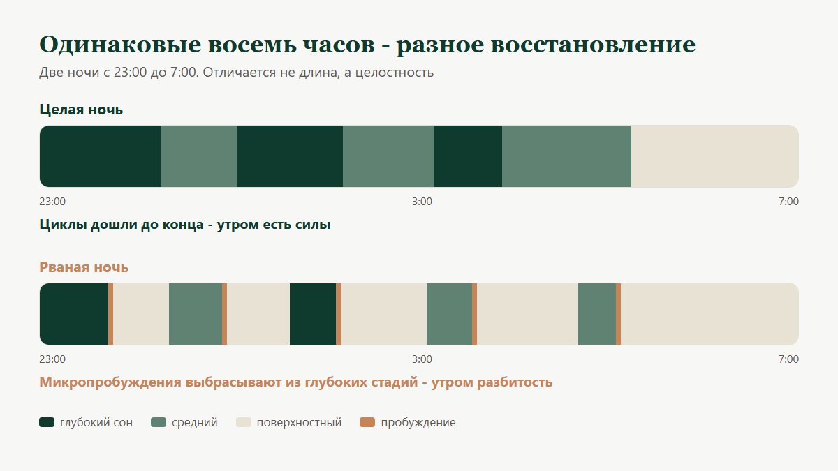 Схема: две ночи по восемь часов - целая ночь с полными циклами восстанавливает, рваная ночь с микропробуждениями оставляет разбитость, хотя длительность одинаковая
