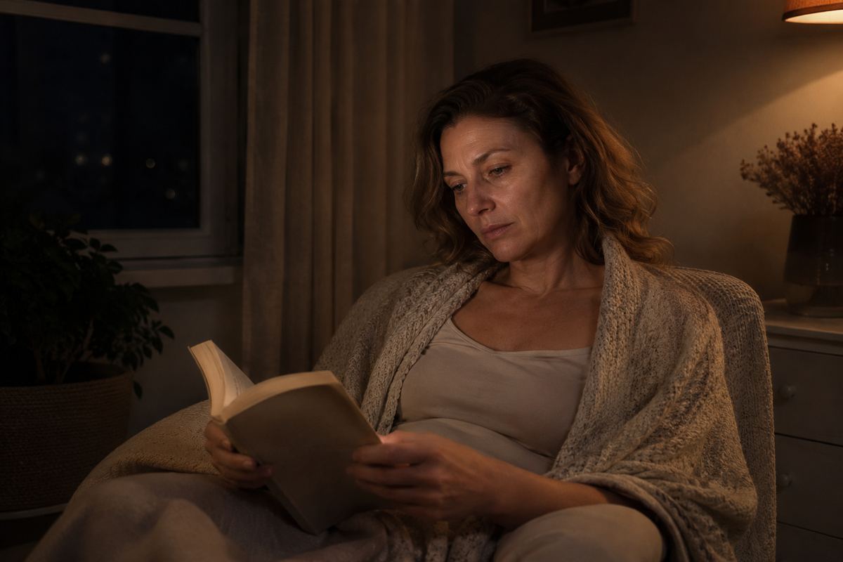 Женщина ночью встала с кровати и читает бумажную книгу в кресле при тусклой тёплой лампе, пережидая бессонницу