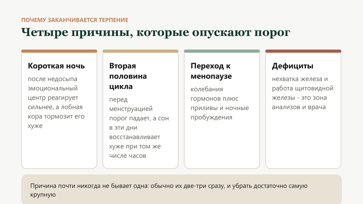 Четыре причины, которые опускают порог раздражения: короткая ночь, вторая половина цикла, переход к менопаузе и дефициты