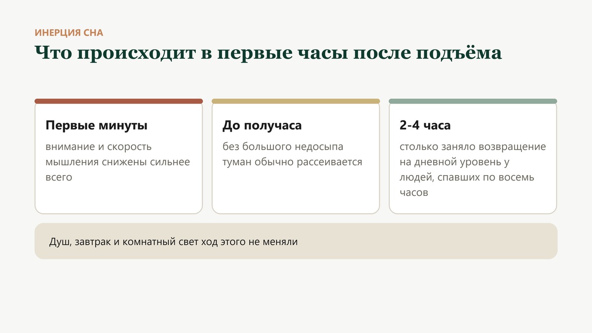 Что происходит в первые часы после подъёма: в первые минуты внимание и скорость мышления снижены сильнее всего, без большого недосыпа туман рассеивается за полчаса, а на дневной уровень показатели вышли только через 2-4 часа