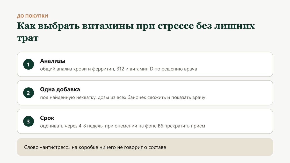 Как выбрать витамины при стрессе: сначала анализы, потом одна добавка под найденную нехватку, оценка через 4-8 недель